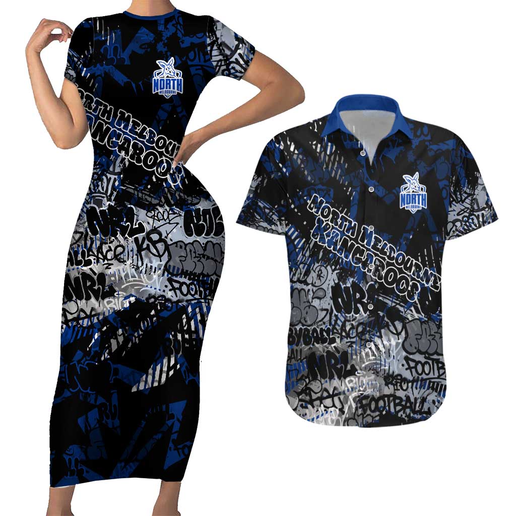 North Melbourne Kangaroos Couples Matching Short Sleeve Bodycon Dress and Hawaiian Shirt Urban Graffiti Street Art - Bold Abstract Spray Paint