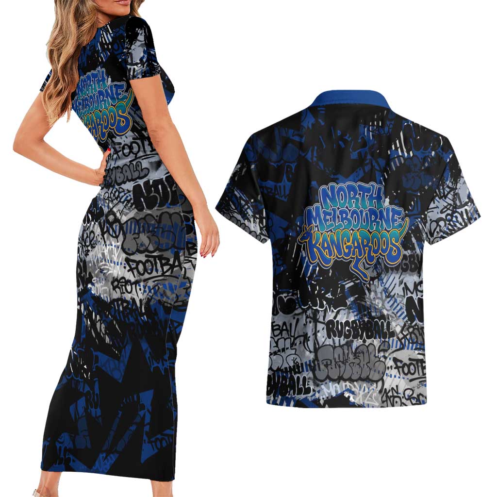 North Melbourne Kangaroos Couples Matching Short Sleeve Bodycon Dress and Hawaiian Shirt Urban Graffiti Street Art - Bold Abstract Spray Paint