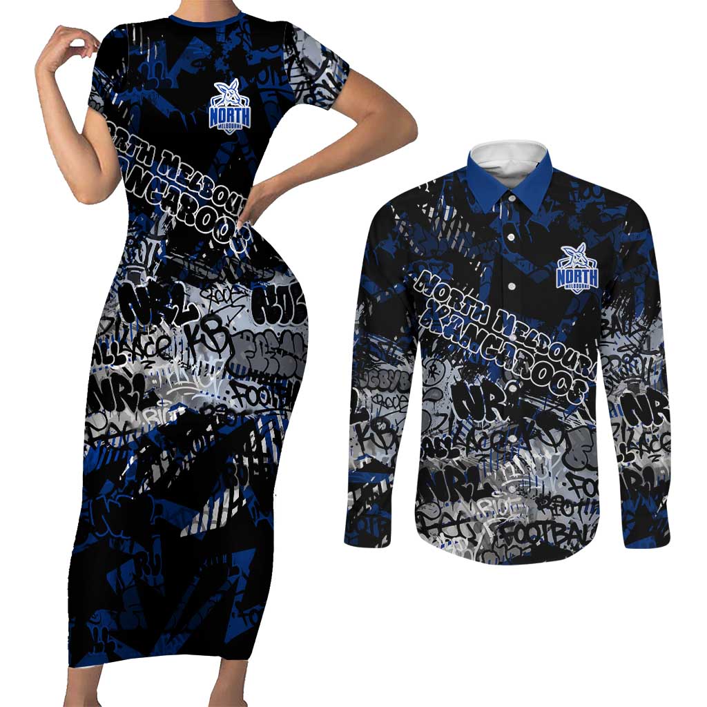 North Melbourne Kangaroos Couples Matching Short Sleeve Bodycon Dress and Long Sleeve Button Shirt Urban Graffiti Street Art - Bold Abstract Spray Paint
