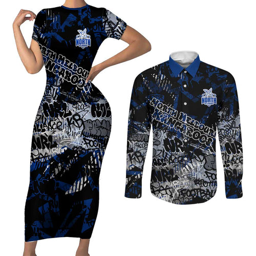 North Melbourne Kangaroos Couples Matching Short Sleeve Bodycon Dress and Long Sleeve Button Shirt Urban Graffiti Street Art - Bold Abstract Spray Paint