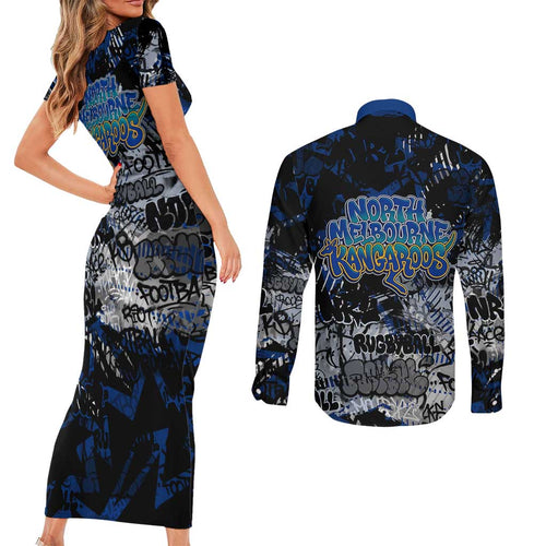 North Melbourne Kangaroos Couples Matching Short Sleeve Bodycon Dress and Long Sleeve Button Shirt Urban Graffiti Street Art - Bold Abstract Spray Paint