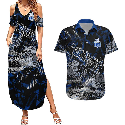 North Melbourne Kangaroos Couples Matching Summer Maxi Dress and Hawaiian Shirt Urban Graffiti Street Art - Bold Abstract Spray Paint