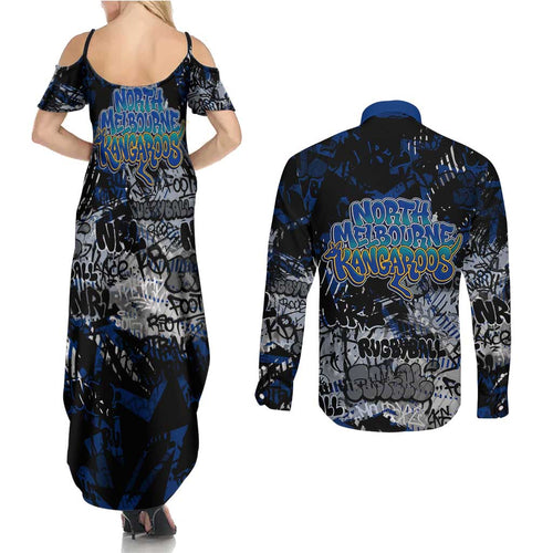 North Melbourne Kangaroos Couples Matching Summer Maxi Dress and Long Sleeve Button Shirt Urban Graffiti Street Art - Bold Abstract Spray Paint