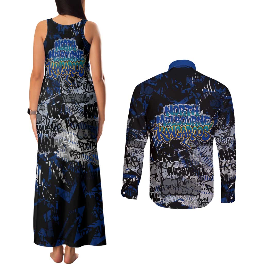 North Melbourne Kangaroos Couples Matching Tank Maxi Dress and Long Sleeve Button Shirt Urban Graffiti Street Art - Bold Abstract Spray Paint