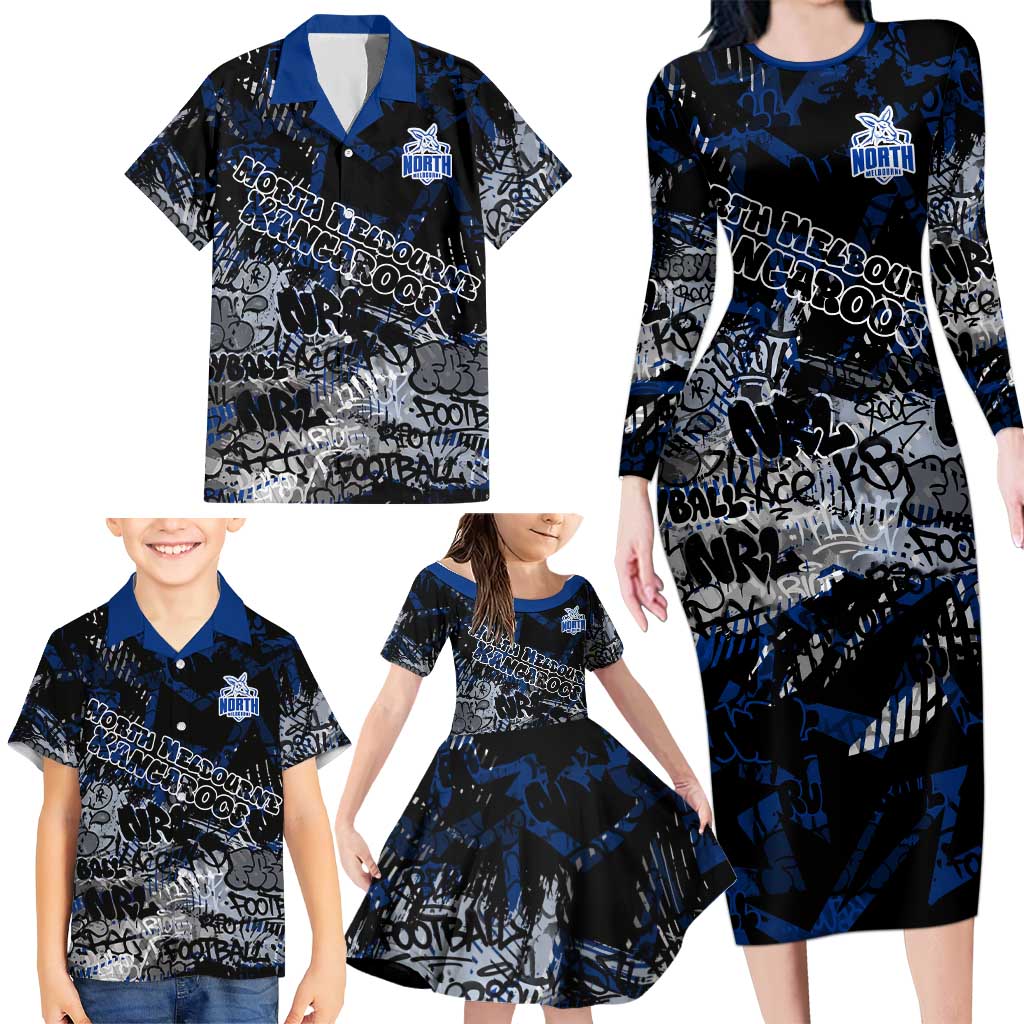 North Melbourne Kangaroos Family Matching Long Sleeve Bodycon Dress and Hawaiian Shirt Urban Graffiti Street Art - Bold Abstract Spray Paint