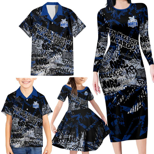 North Melbourne Kangaroos Family Matching Long Sleeve Bodycon Dress and Hawaiian Shirt Urban Graffiti Street Art - Bold Abstract Spray Paint