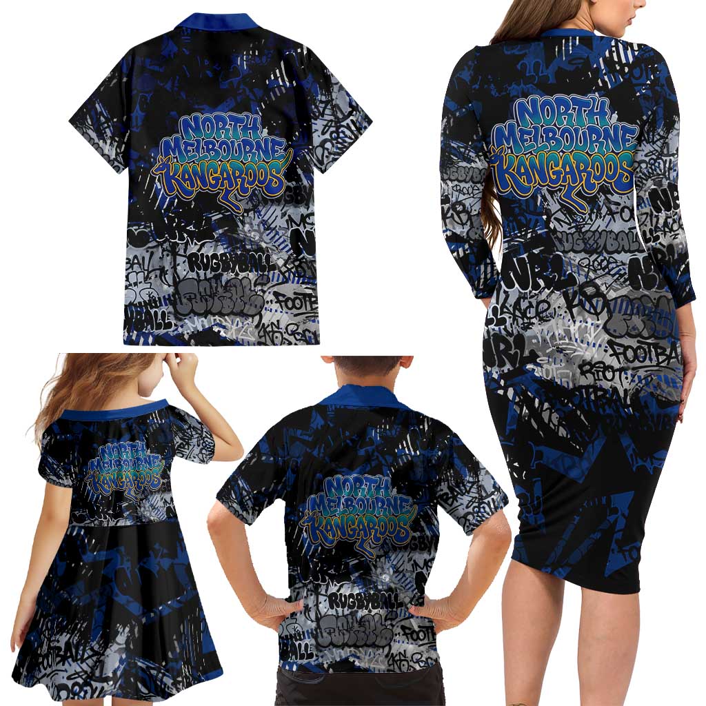 North Melbourne Kangaroos Family Matching Long Sleeve Bodycon Dress and Hawaiian Shirt Urban Graffiti Street Art - Bold Abstract Spray Paint