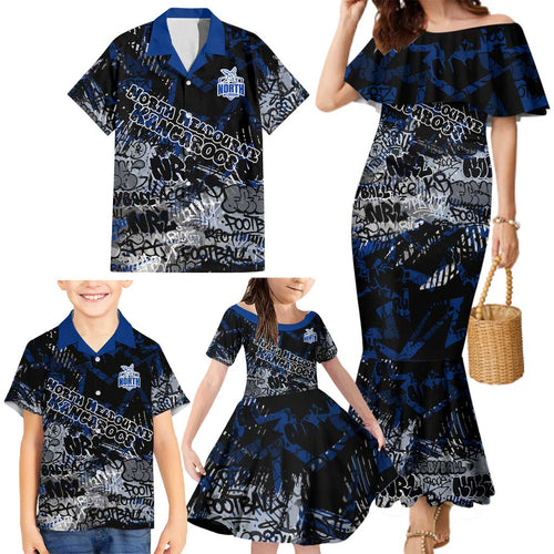 North Melbourne Kangaroos Family Matching Mermaid Dress and Hawaiian Shirt Urban Graffiti Street Art - Bold Abstract Spray Paint