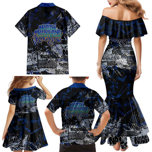 North Melbourne Kangaroos Family Matching Mermaid Dress and Hawaiian Shirt Urban Graffiti Street Art - Bold Abstract Spray Paint
