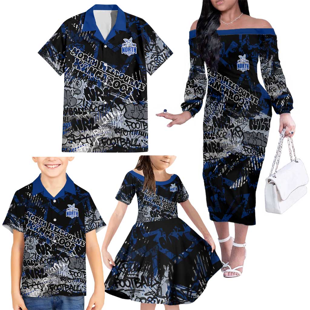 North Melbourne Kangaroos Family Matching Off The Shoulder Long Sleeve Dress and Hawaiian Shirt Urban Graffiti Street Art - Bold Abstract Spray Paint