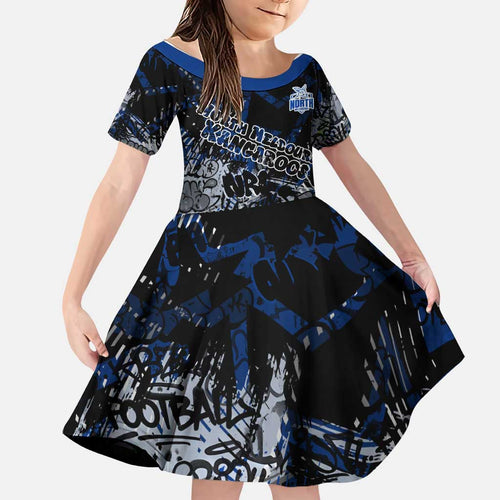 North Melbourne Kangaroos Family Matching Off The Shoulder Long Sleeve Dress and Hawaiian Shirt Urban Graffiti Street Art - Bold Abstract Spray Paint