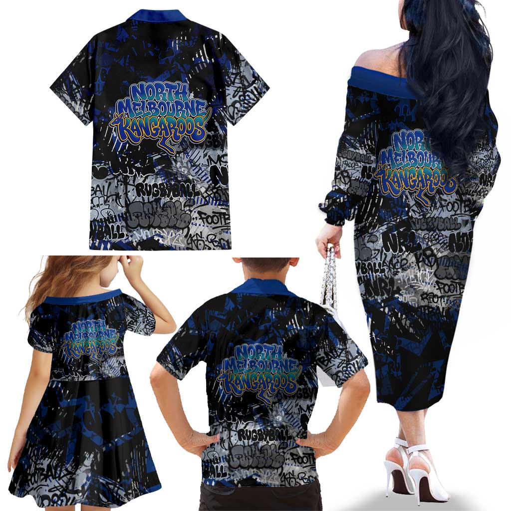 North Melbourne Kangaroos Family Matching Off The Shoulder Long Sleeve Dress and Hawaiian Shirt Urban Graffiti Street Art - Bold Abstract Spray Paint