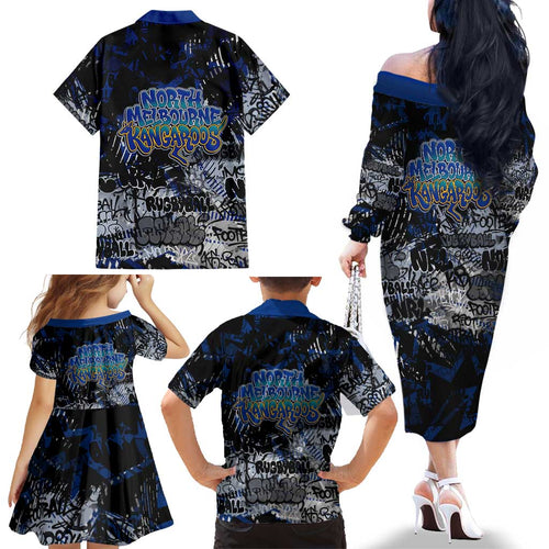 North Melbourne Kangaroos Family Matching Off The Shoulder Long Sleeve Dress and Hawaiian Shirt Urban Graffiti Street Art - Bold Abstract Spray Paint