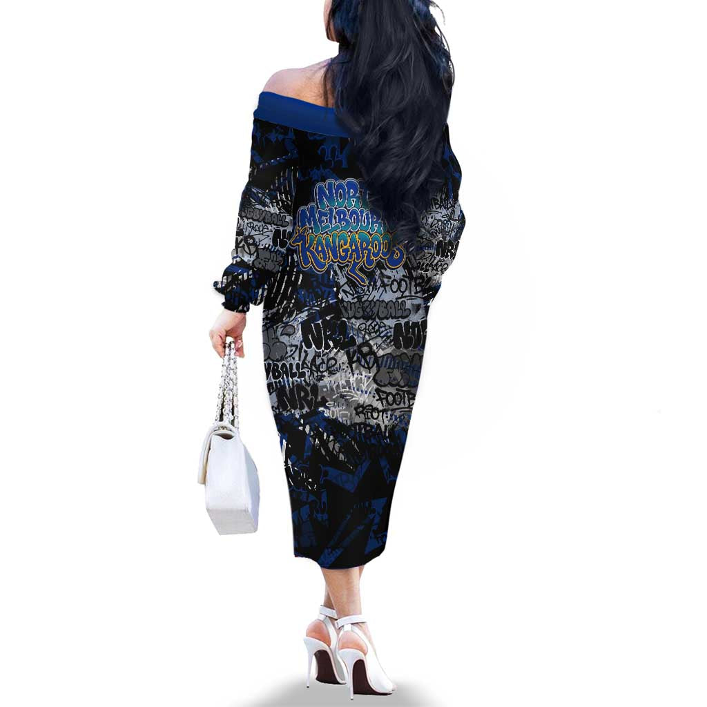 North Melbourne Kangaroos Family Matching Off The Shoulder Long Sleeve Dress and Hawaiian Shirt Urban Graffiti Street Art - Bold Abstract Spray Paint