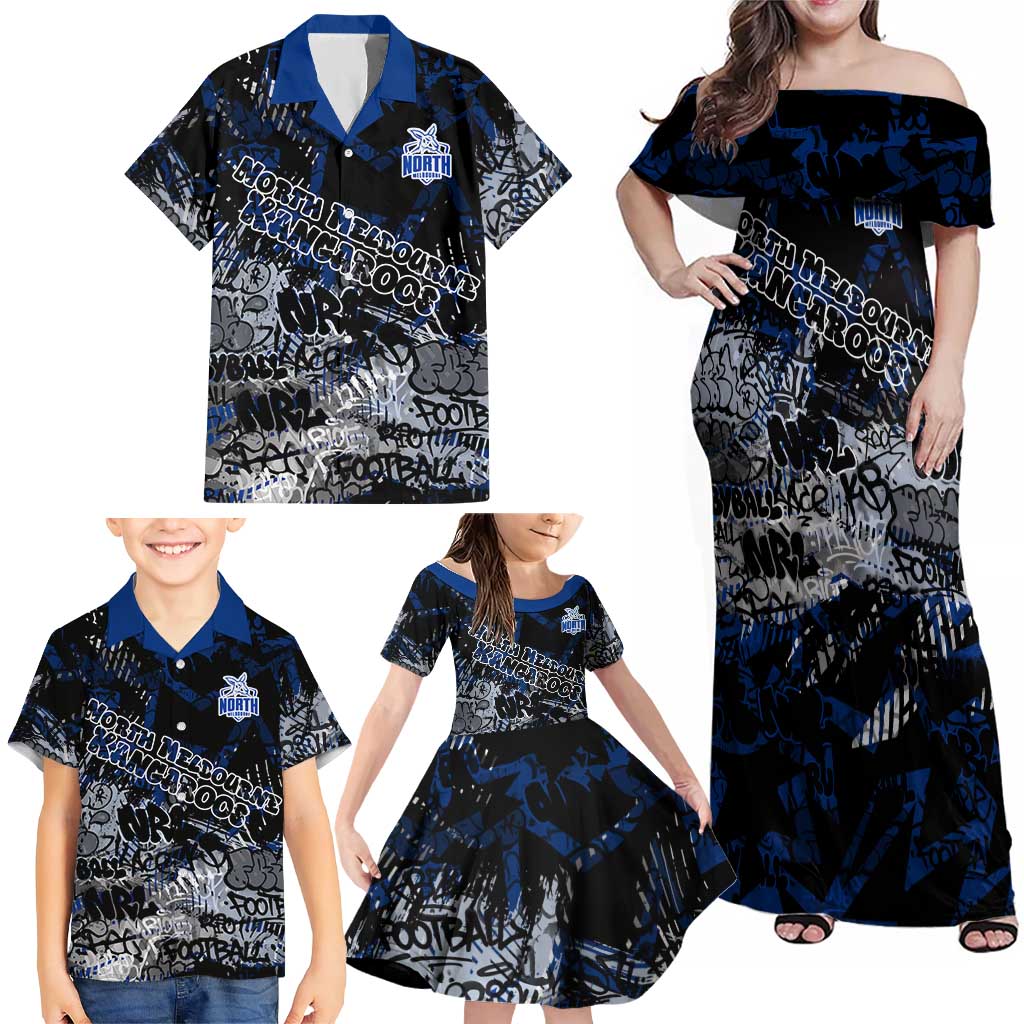 North Melbourne Kangaroos Family Matching Off Shoulder Maxi Dress and Hawaiian Shirt Urban Graffiti Street Art - Bold Abstract Spray Paint
