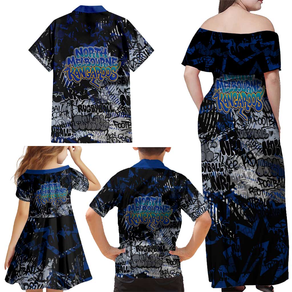 North Melbourne Kangaroos Family Matching Off Shoulder Maxi Dress and Hawaiian Shirt Urban Graffiti Street Art - Bold Abstract Spray Paint