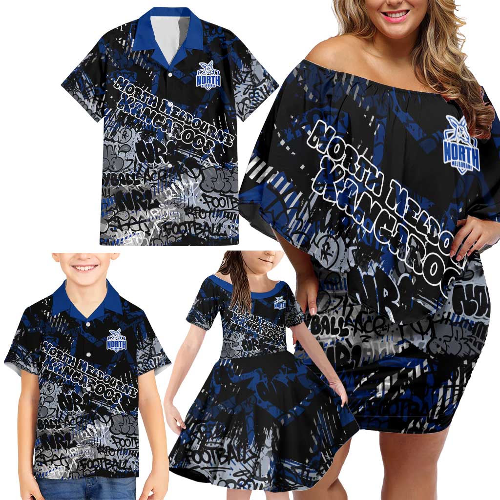 North Melbourne Kangaroos Family Matching Off Shoulder Short Dress and Hawaiian Shirt Urban Graffiti Street Art - Bold Abstract Spray Paint