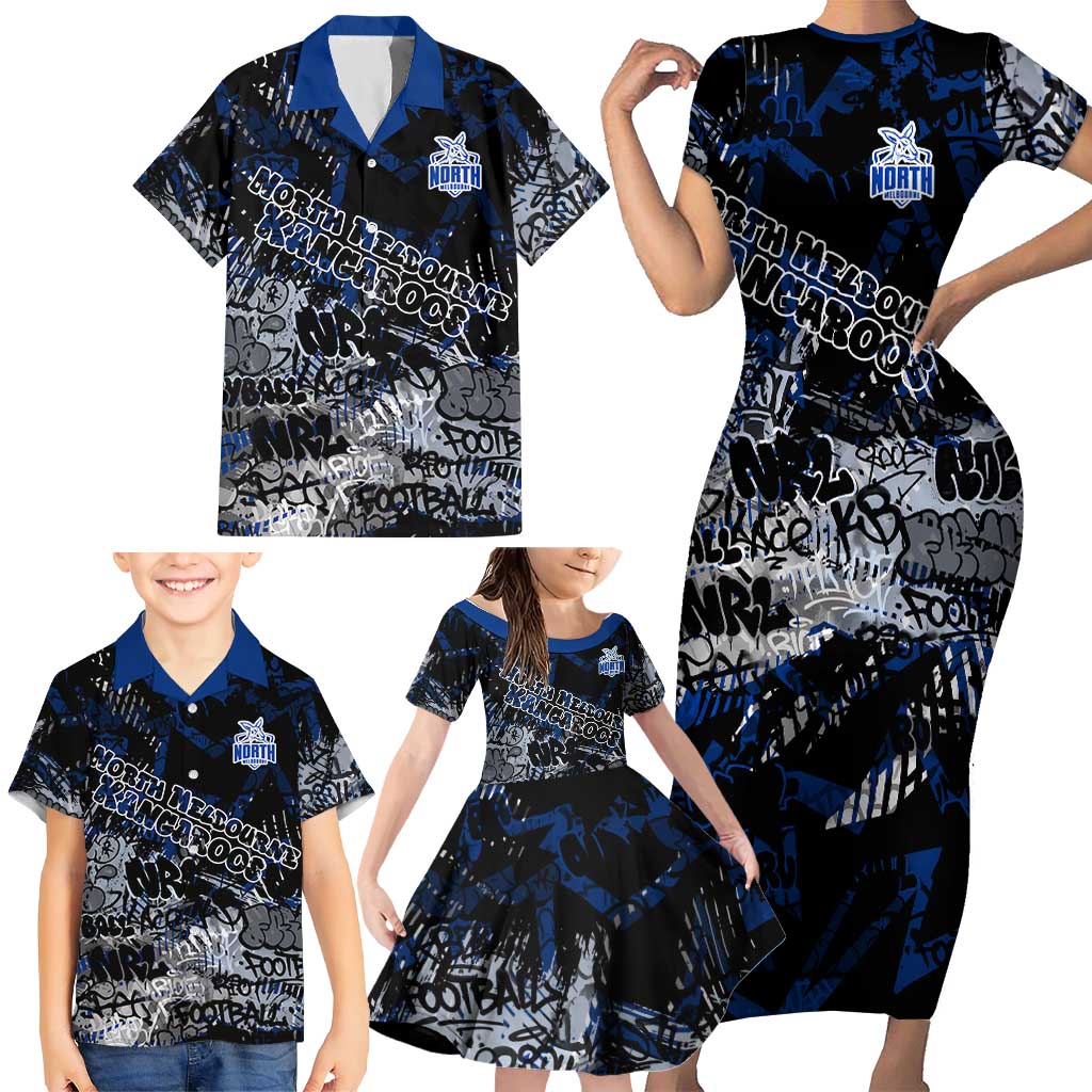North Melbourne Kangaroos Family Matching Short Sleeve Bodycon Dress and Hawaiian Shirt Urban Graffiti Street Art - Bold Abstract Spray Paint