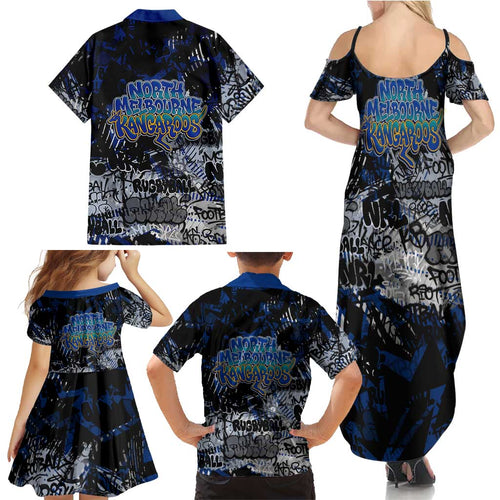 North Melbourne Kangaroos Family Matching Summer Maxi Dress and Hawaiian Shirt Urban Graffiti Street Art - Bold Abstract Spray Paint