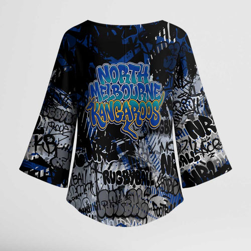 North Melbourne Kangaroos Kimono Sleeve Blouse Urban Graffiti Street Art - Bold Abstract Spray Paint