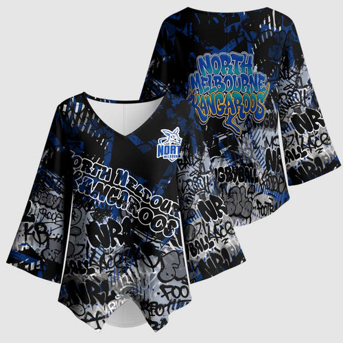 North Melbourne Kangaroos Kimono Sleeve Blouse Urban Graffiti Street Art - Bold Abstract Spray Paint