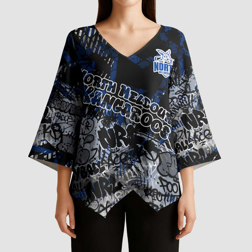 North Melbourne Kangaroos Kimono Sleeve Blouse Urban Graffiti Street Art - Bold Abstract Spray Paint