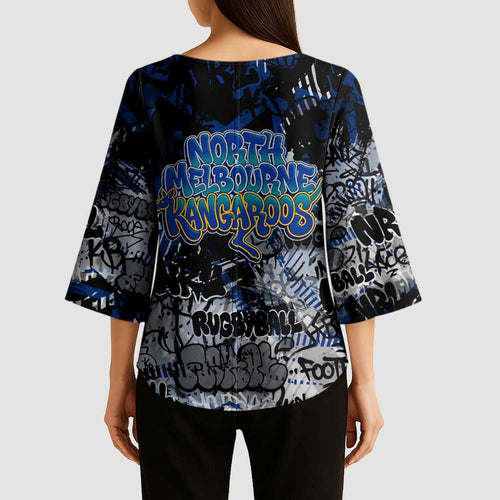 North Melbourne Kangaroos Kimono Sleeve Blouse Urban Graffiti Street Art - Bold Abstract Spray Paint