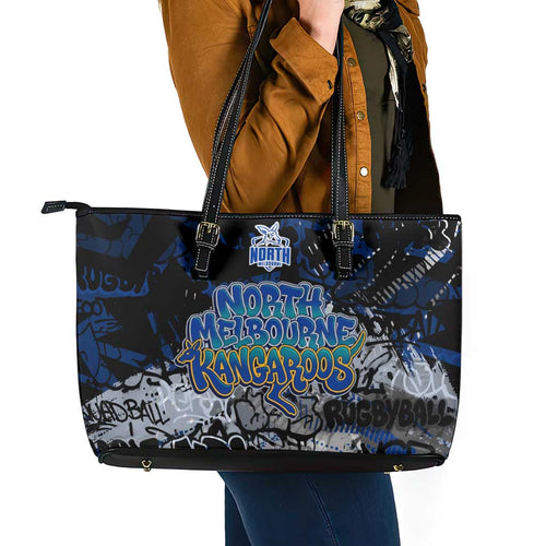 North Melbourne Kangaroos Leather Tote Bag Urban Graffiti Street Art - Bold Abstract Spray Paint