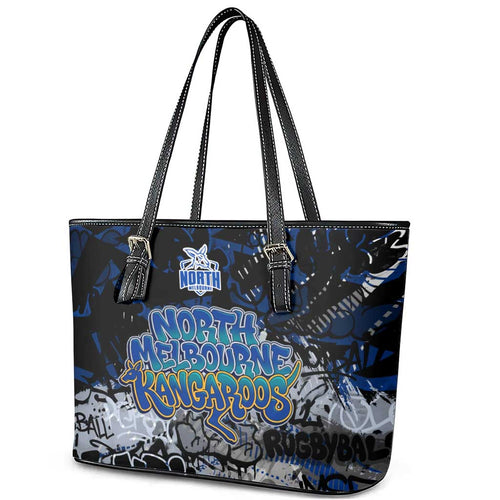 North Melbourne Kangaroos Leather Tote Bag Urban Graffiti Street Art - Bold Abstract Spray Paint