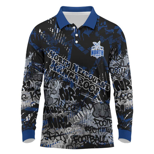 North Melbourne Kangaroos Long Sleeve Polo Shirt Urban Graffiti Street Art - Bold Abstract Spray Paint
