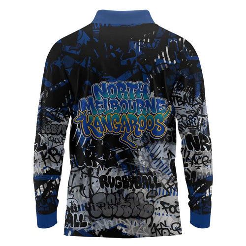 North Melbourne Kangaroos Long Sleeve Polo Shirt Urban Graffiti Street Art - Bold Abstract Spray Paint