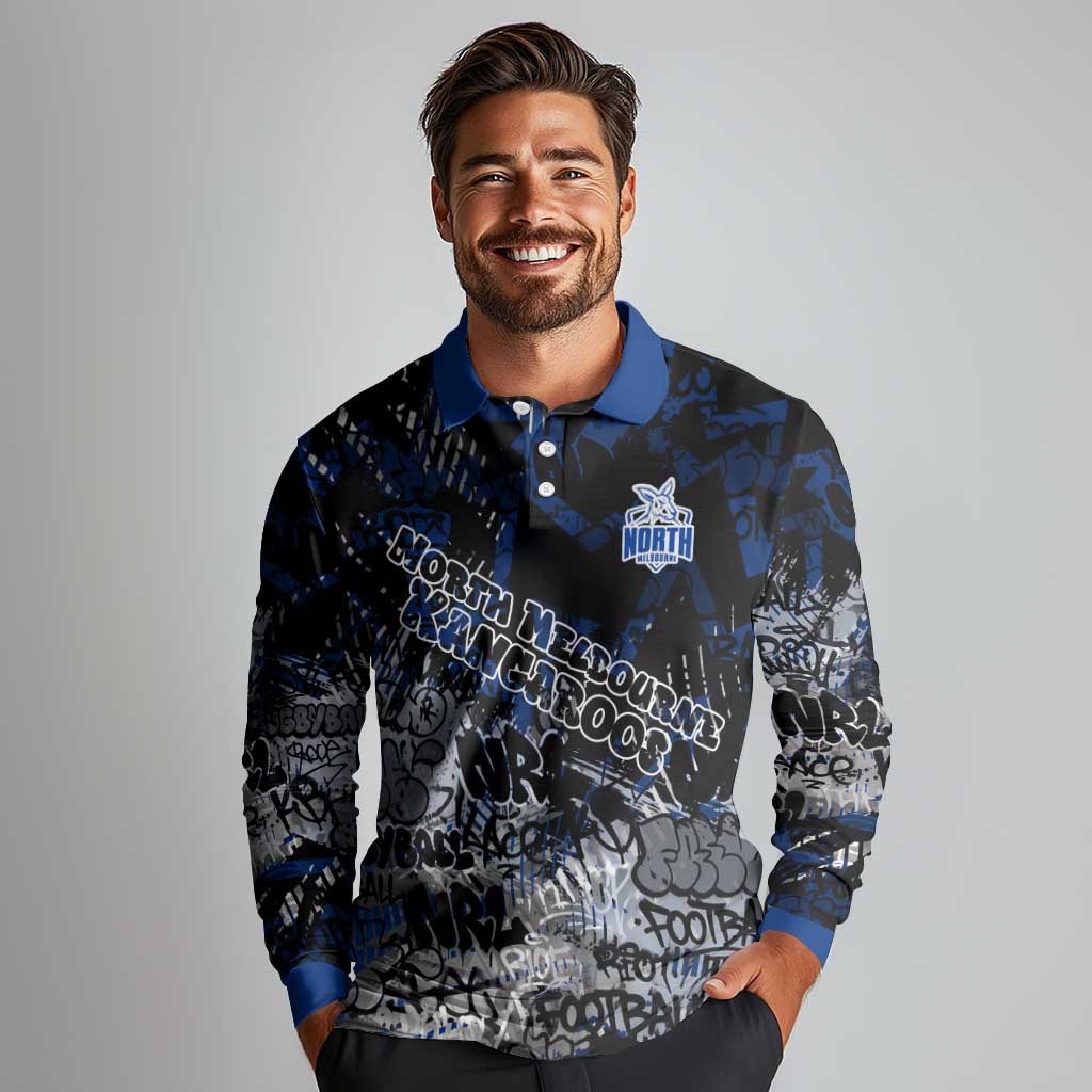 North Melbourne Kangaroos Long Sleeve Polo Shirt Urban Graffiti Street Art - Bold Abstract Spray Paint