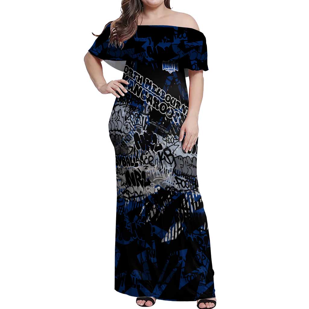 North Melbourne Kangaroos Off Shoulder Maxi Dress Urban Graffiti Street Art - Bold Abstract Spray Paint