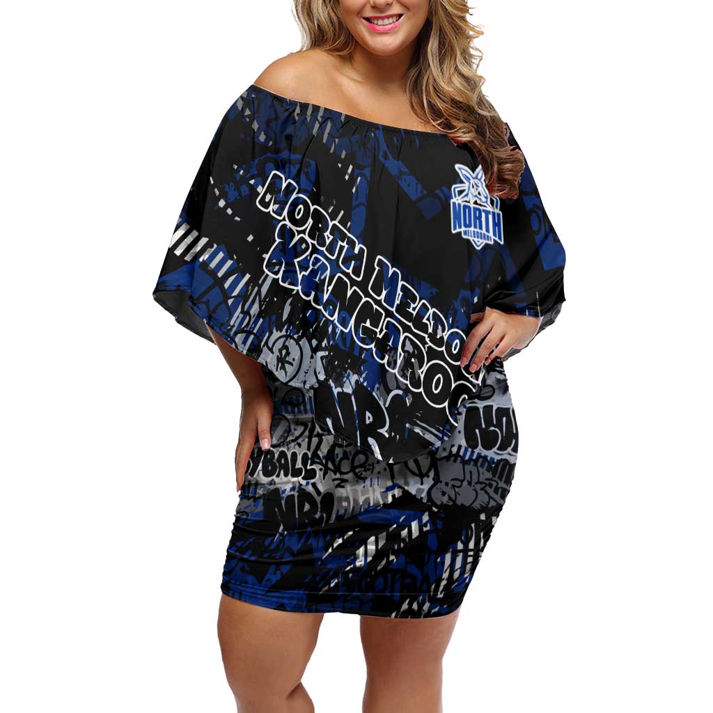 North Melbourne Kangaroos Off Shoulder Short Dress Urban Graffiti Street Art - Bold Abstract Spray Paint