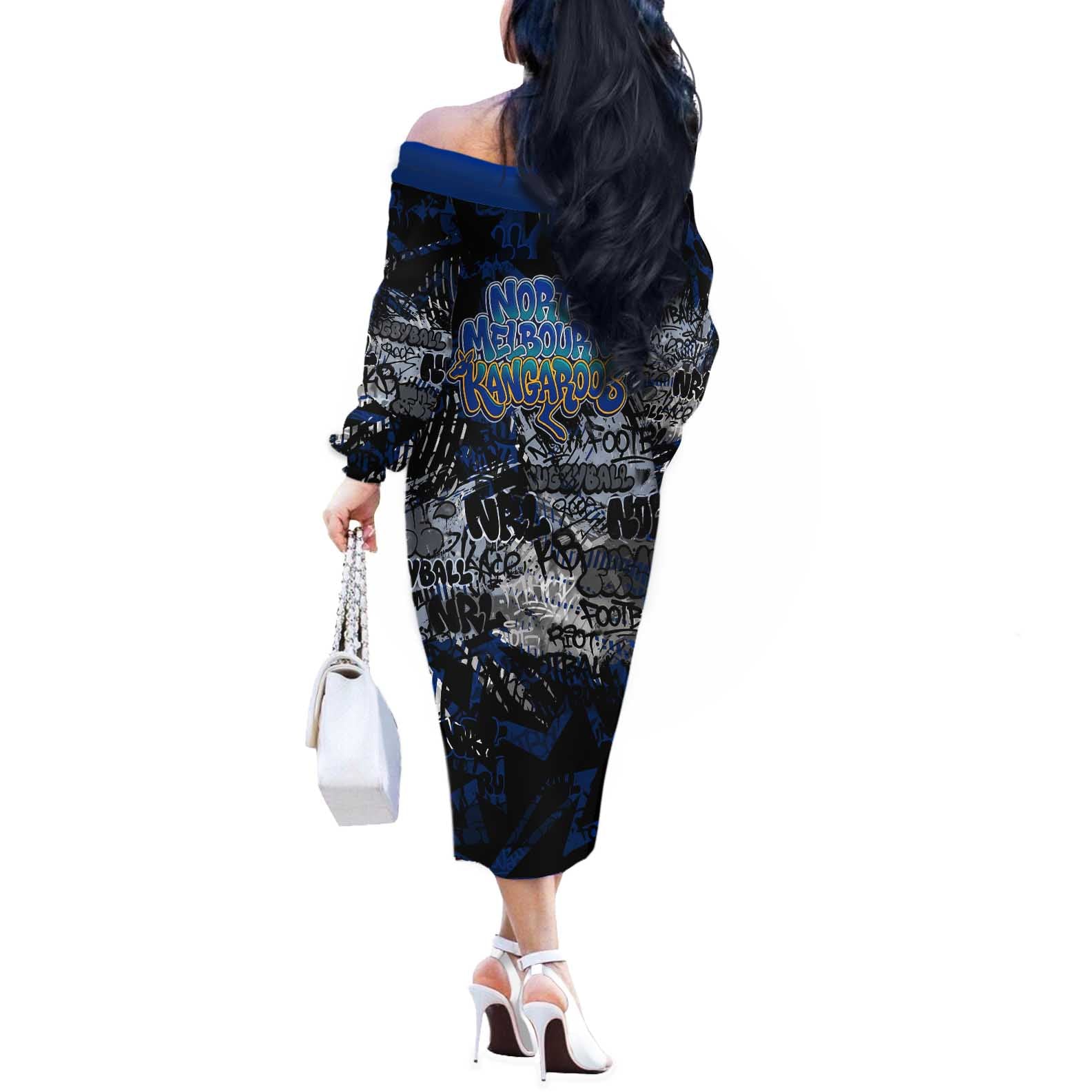 North Melbourne Kangaroos Off The Shoulder Long Sleeve Dress Urban Graffiti Street Art - Bold Abstract Spray Paint