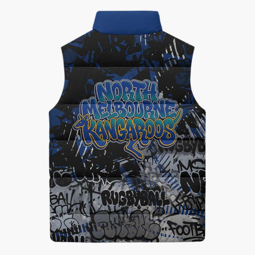 North Melbourne Kangaroos Sleeveless Puffer Jacket Urban Graffiti Street Art - Bold Abstract Spray Paint