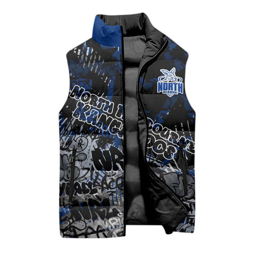 North Melbourne Kangaroos Sleeveless Puffer Jacket Urban Graffiti Street Art - Bold Abstract Spray Paint