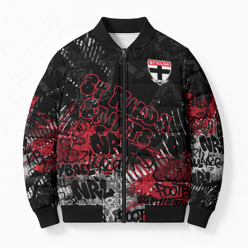 St Kilda Saints Bomber Puffer Jacket Urban Graffiti Street Art - Bold Abstract Spray Paint