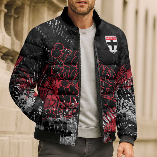 St Kilda Saints Bomber Puffer Jacket Urban Graffiti Street Art - Bold Abstract Spray Paint