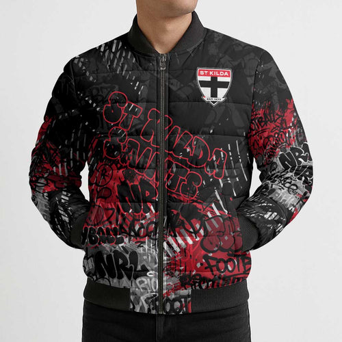St Kilda Saints Bomber Puffer Jacket Urban Graffiti Street Art - Bold Abstract Spray Paint