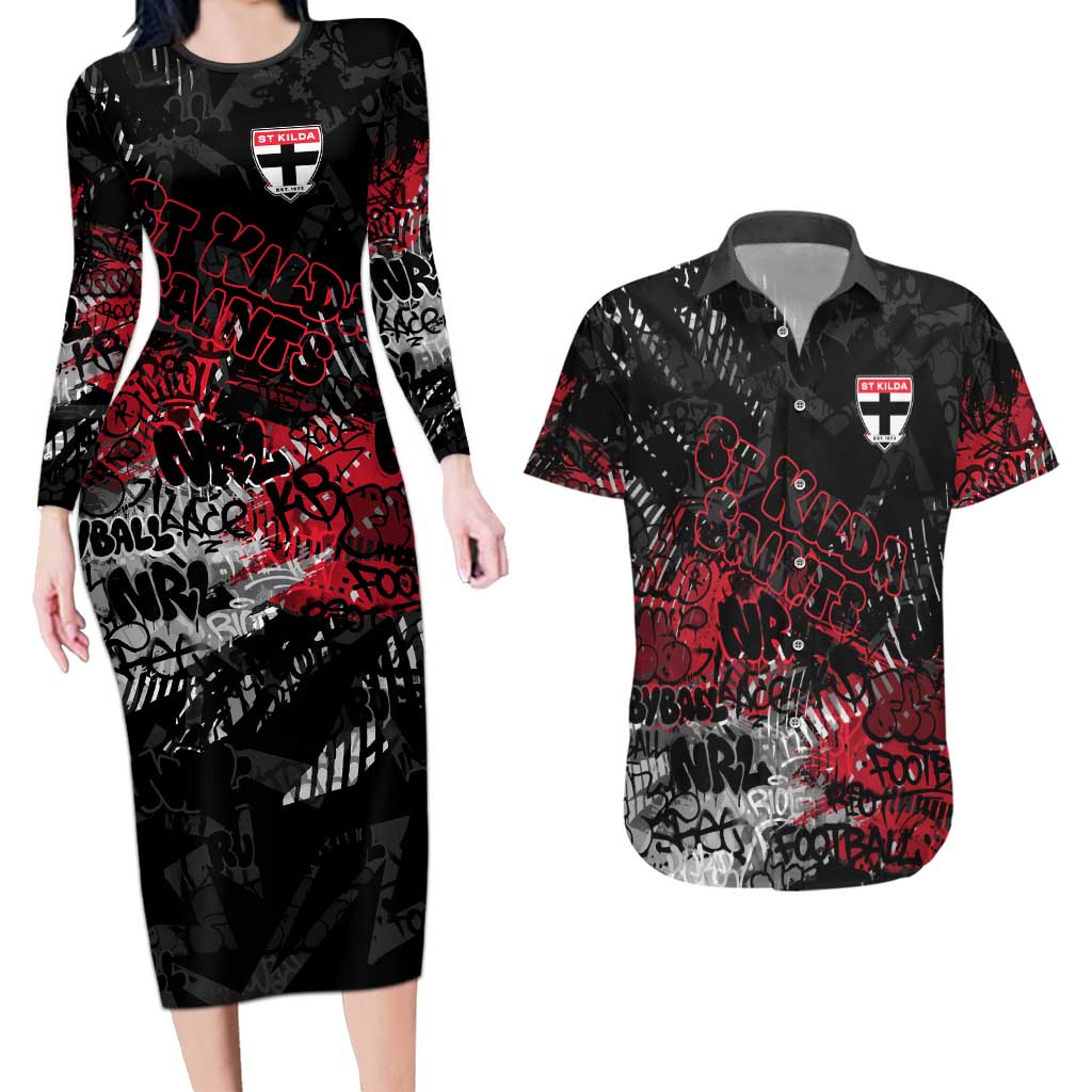 St Kilda Saints Couples Matching Long Sleeve Bodycon Dress and Hawaiian Shirt Urban Graffiti Street Art - Bold Abstract Spray Paint