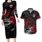 St Kilda Saints Couples Matching Long Sleeve Bodycon Dress and Hawaiian Shirt Urban Graffiti Street Art - Bold Abstract Spray Paint