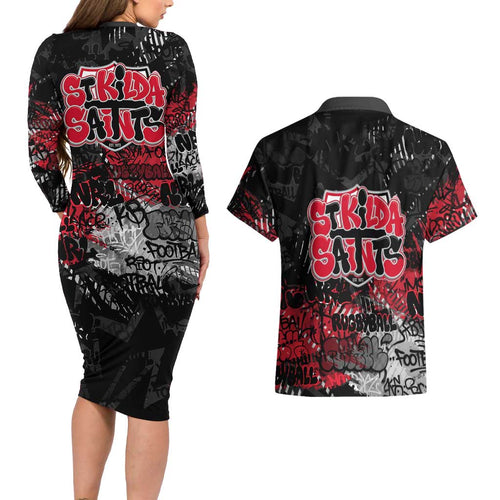 St Kilda Saints Couples Matching Long Sleeve Bodycon Dress and Hawaiian Shirt Urban Graffiti Street Art - Bold Abstract Spray Paint
