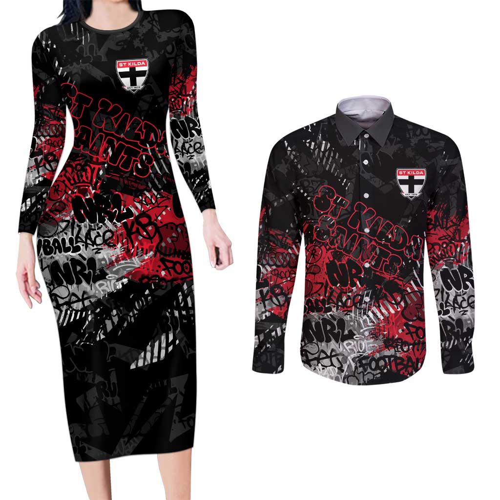 St Kilda Saints Couples Matching Long Sleeve Bodycon Dress and Long Sleeve Button Shirt Urban Graffiti Street Art - Bold Abstract Spray Paint