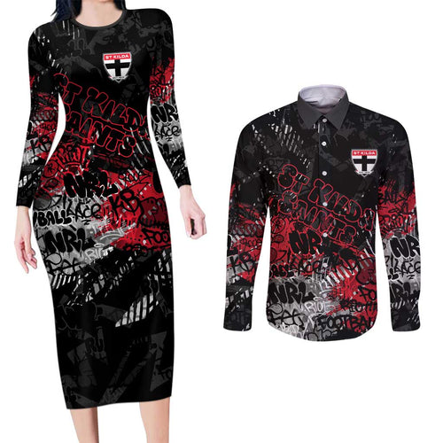 St Kilda Saints Couples Matching Long Sleeve Bodycon Dress and Long Sleeve Button Shirt Urban Graffiti Street Art - Bold Abstract Spray Paint
