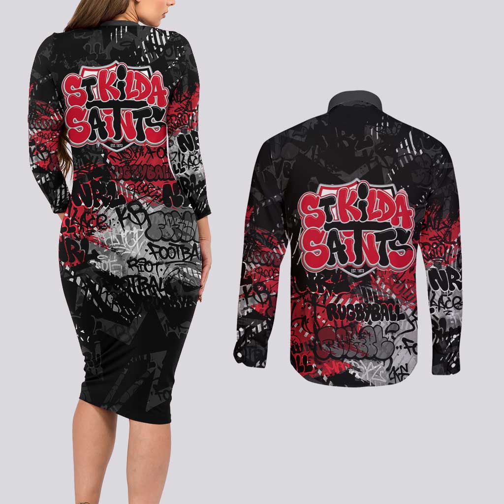 St Kilda Saints Couples Matching Long Sleeve Bodycon Dress and Long Sleeve Button Shirt Urban Graffiti Street Art - Bold Abstract Spray Paint