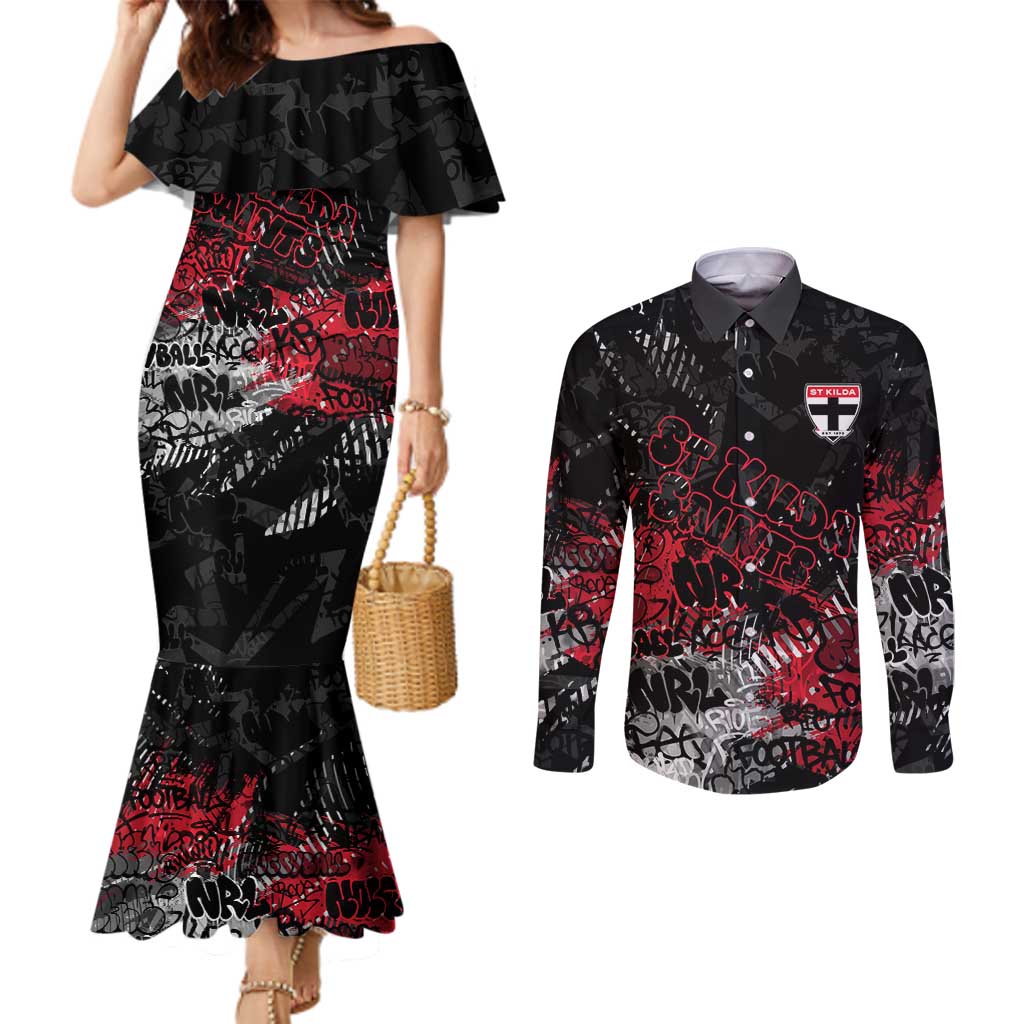 St Kilda Saints Couples Matching Mermaid Dress and Long Sleeve Button Shirt Urban Graffiti Street Art - Bold Abstract Spray Paint