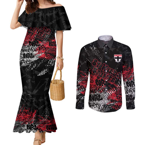 St Kilda Saints Couples Matching Mermaid Dress and Long Sleeve Button Shirt Urban Graffiti Street Art - Bold Abstract Spray Paint