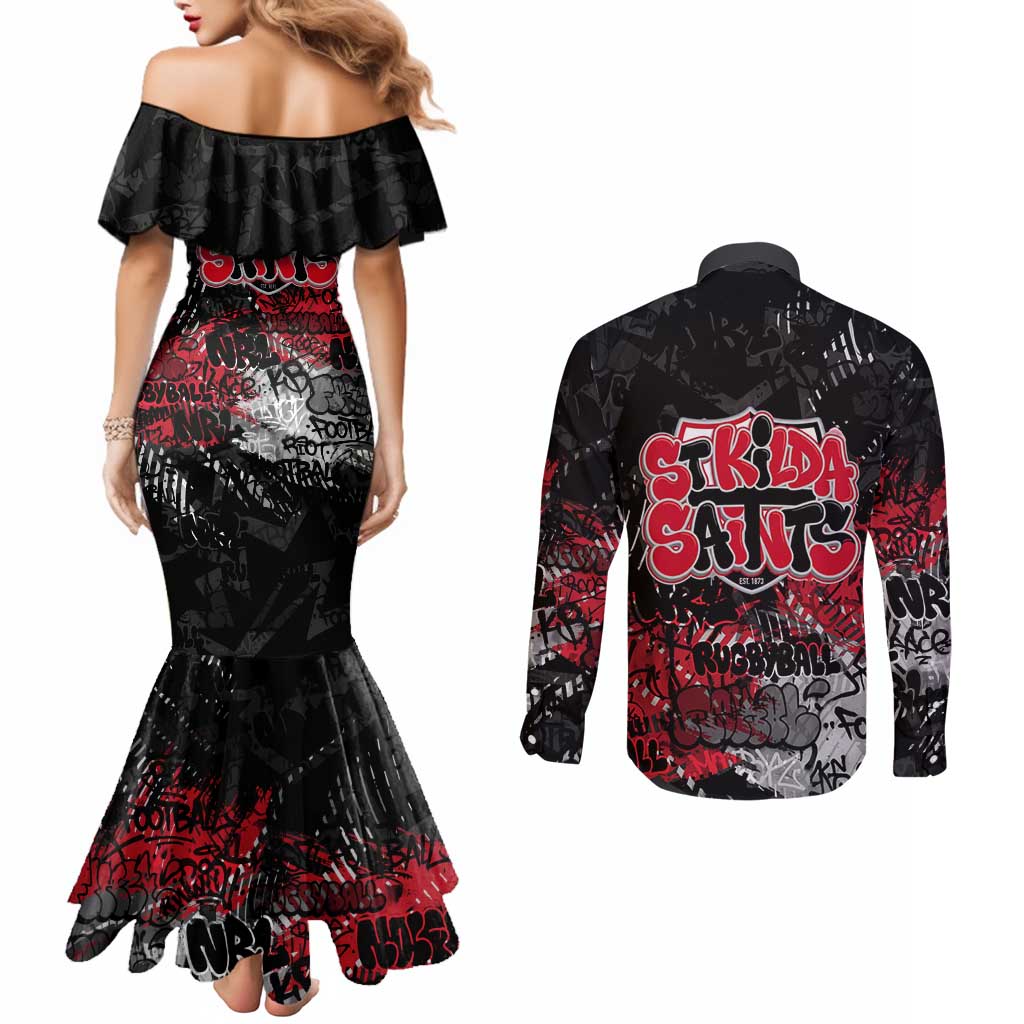 St Kilda Saints Couples Matching Mermaid Dress and Long Sleeve Button Shirt Urban Graffiti Street Art - Bold Abstract Spray Paint