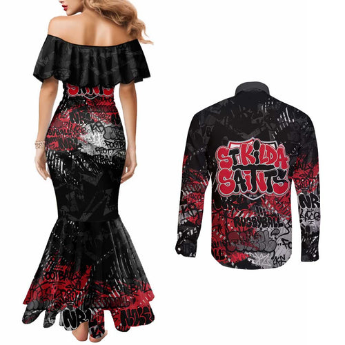 St Kilda Saints Couples Matching Mermaid Dress and Long Sleeve Button Shirt Urban Graffiti Street Art - Bold Abstract Spray Paint